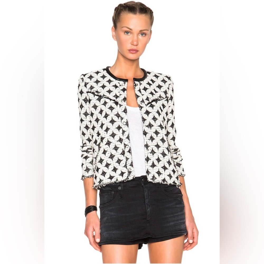 IRO HANDI STRETCH-WOVEN DIAMOND-PATTERN JACKET IN WHITE AND BLACK SIZE 42 US 6-8